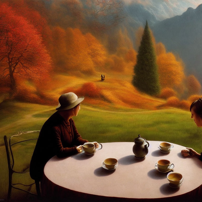 Person in Hat Sitting at Tea Table with Autumn Backdrop and Colorful Trees