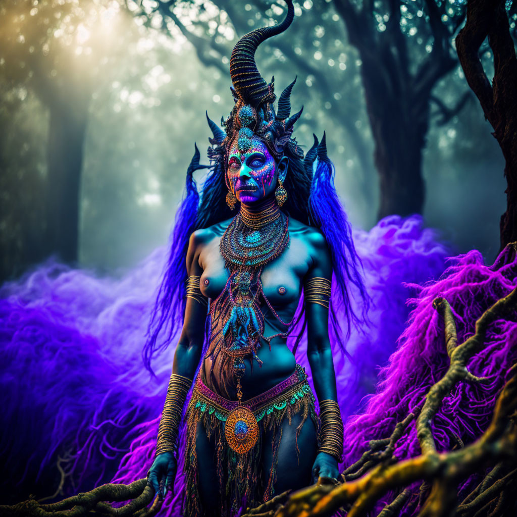 Elaborate blue and purple body paint person in mystical forest pose