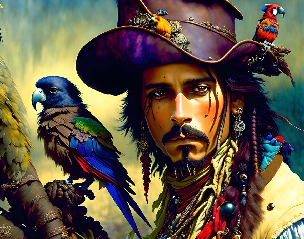 Person in pirate attire with tricorn hat, exotic feathers, and colorful parrots