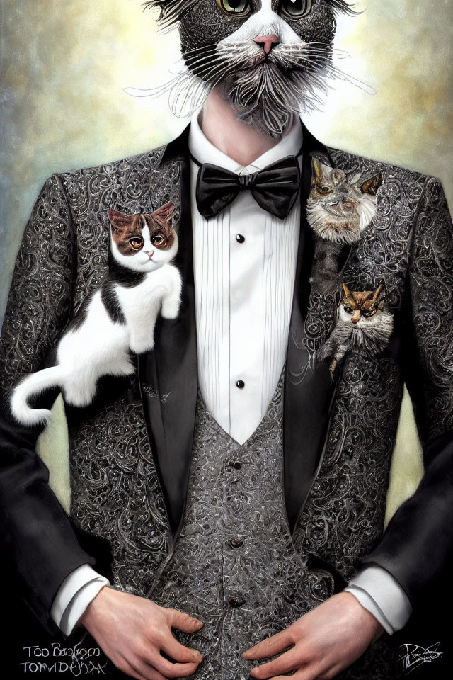 Anthropomorphic cat in patterned suit with bow tie and two kittens on shoulders