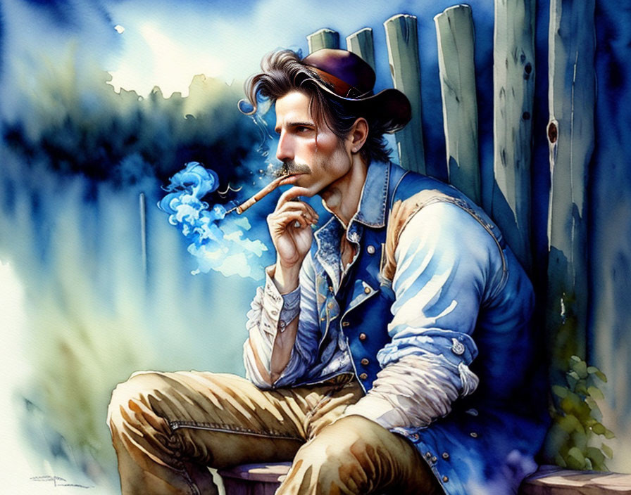 Man in hat and denim shirt smoking pipe by wooden fence with watercolor effect.