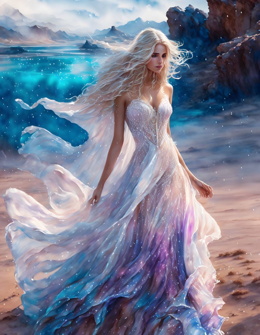 Woman in Sparkling Gown in Fantastical Landscape