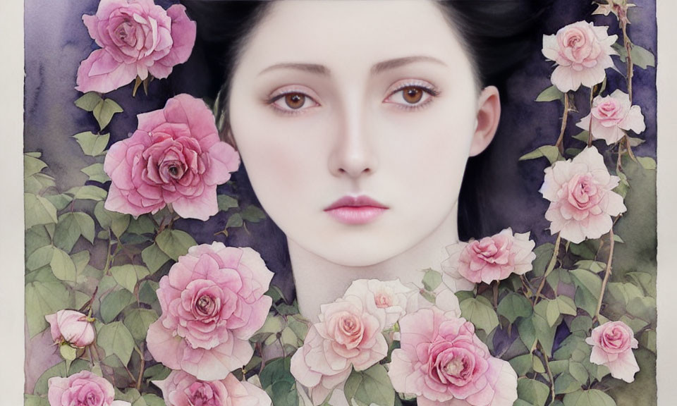 Portrait of Woman Surrounded by Pink Roses on Watercolor Background