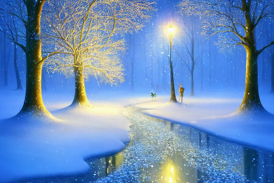 Snowy Twilight Landscape with Glowing Streetlamp, Reflection, Trees, and Figures