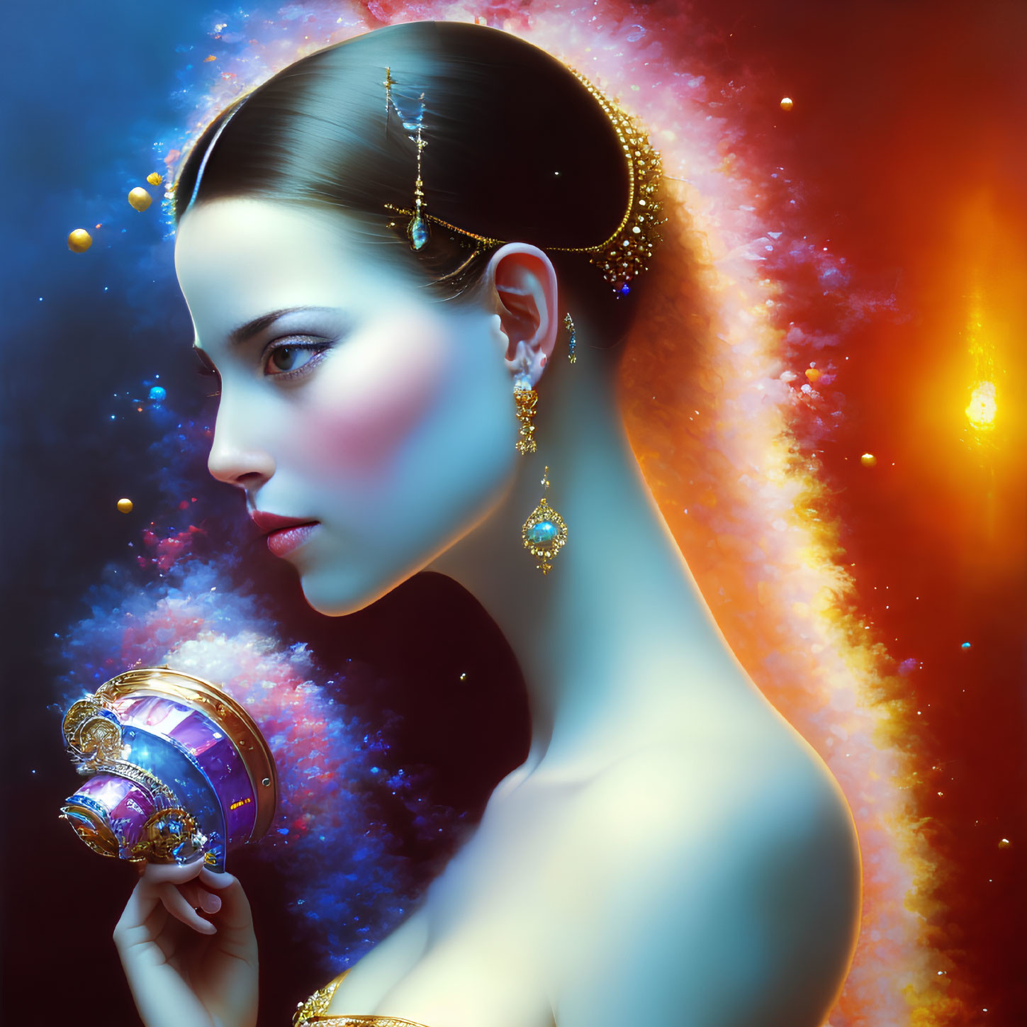 Elegant woman with jewelry in cosmic setting holding decorative object