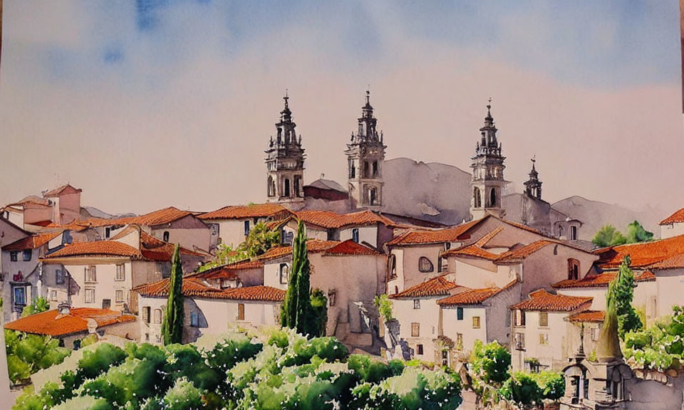 European village watercolor painting with terracotta roofs and church steeples