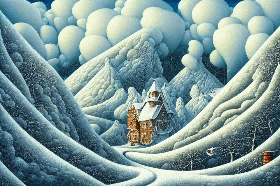 Snowy hills, cozy cottage, and surreal clouds in serene winter landscape