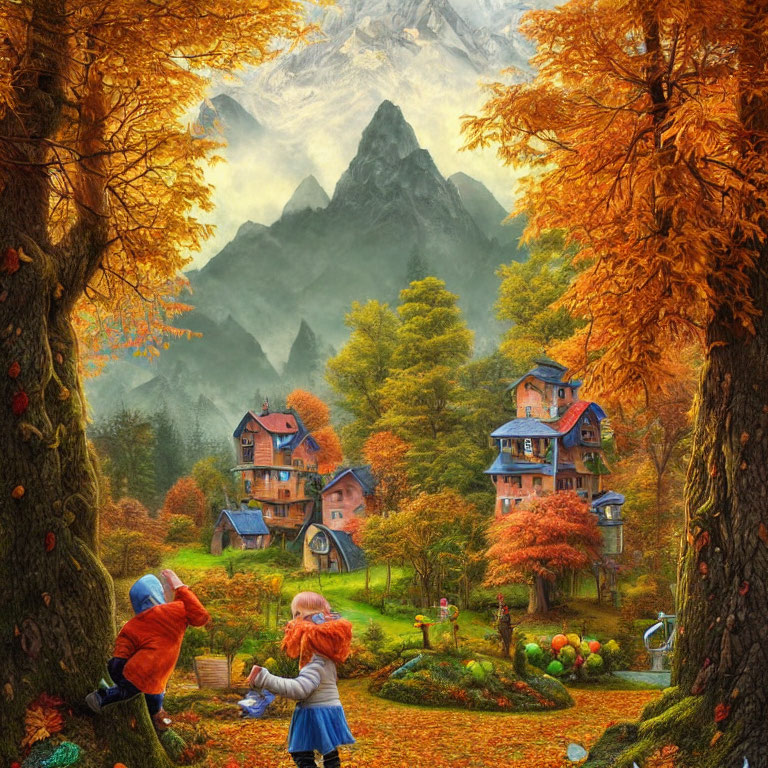 Autumnal forest village with vibrant foliage and playing children.