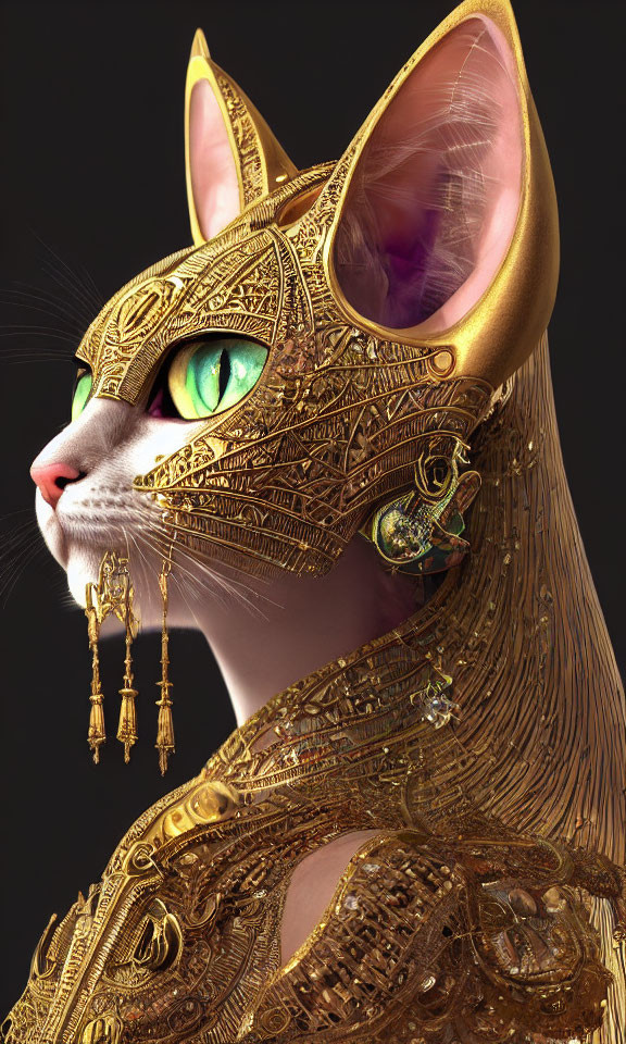 Digital Artwork: Cat in Golden Egyptian Armor & Headdress