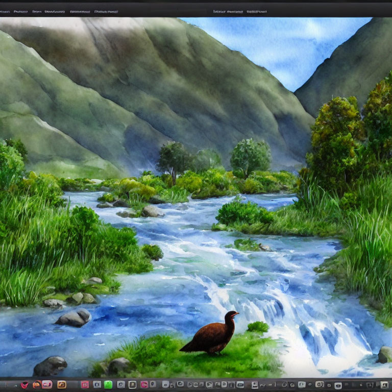 Tranquil watercolor of mountain stream with greenery and bird