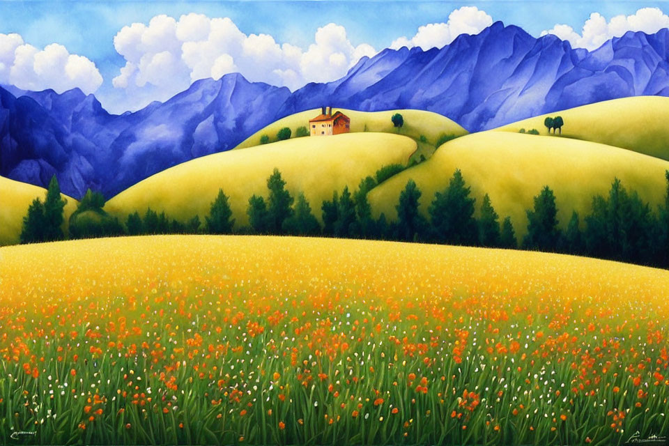 Colorful painting of blooming field, hills, house, trees, and mountains under blue sky.