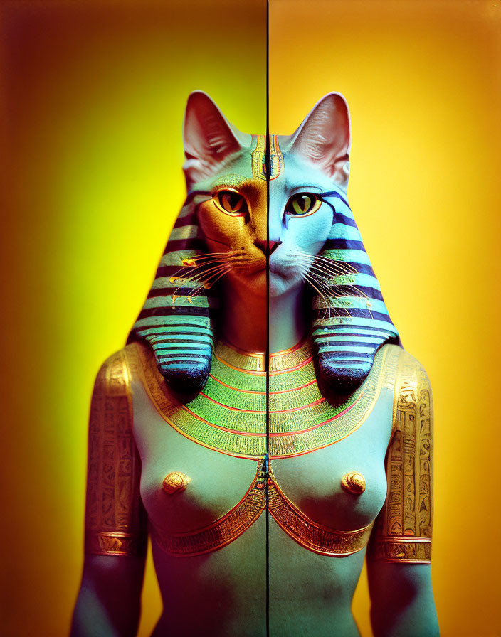 Composite Image: Cat head merges with Egyptian statue body on split yellow backdrop