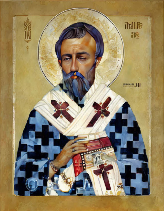 Eastern Orthodox icon of bearded male saint in blue and gold vestment