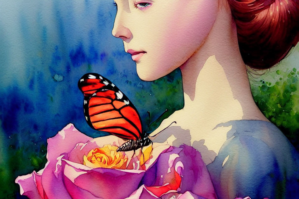 Vibrant watercolor side profile of woman with butterfly on pink rose