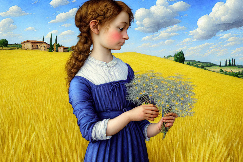 Young girl with braid holds flowers in golden wheat field