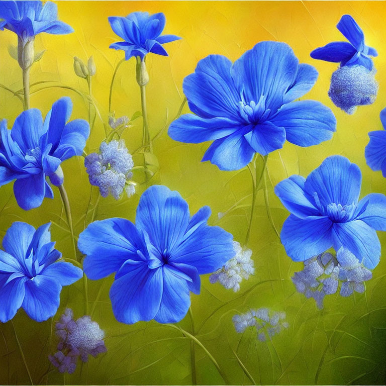 Vibrant blue and white flowers on sunny yellow background.