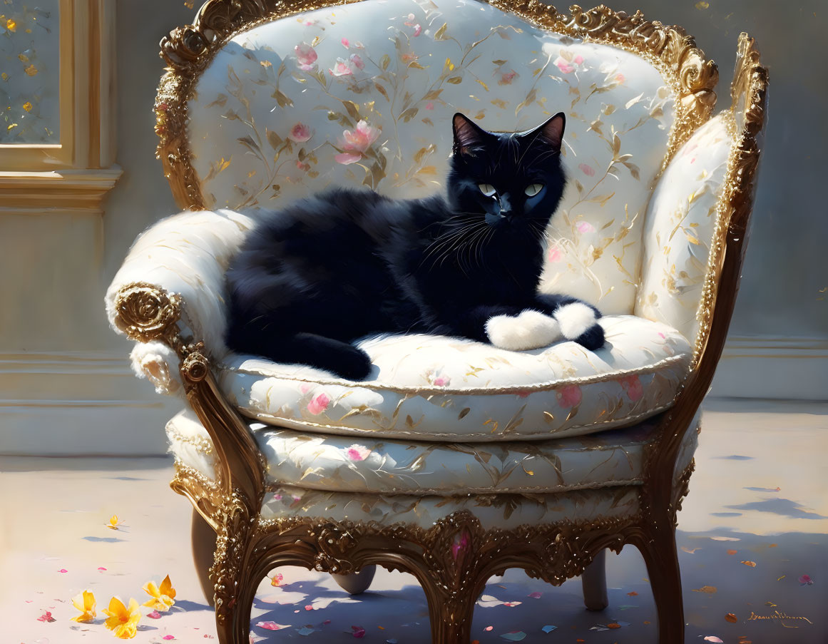 Black Cat Relaxing on Floral Armchair in Sunlit Room