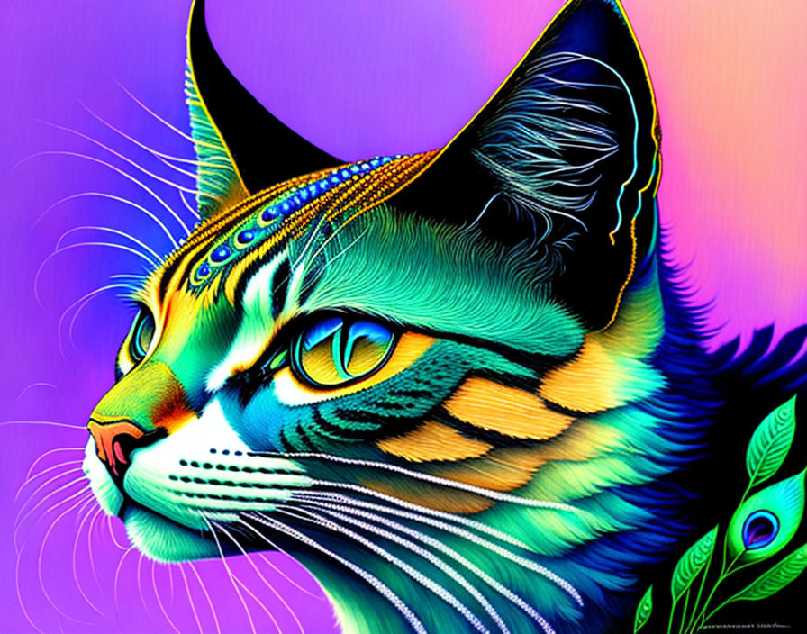 Colorful Digital Art: Neon Cat with Peacock Feather Accents