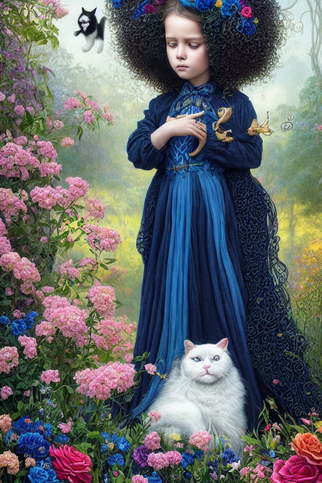 Young girl in vintage blue dress with white cat, surrounded by flowers and birds in surreal setting