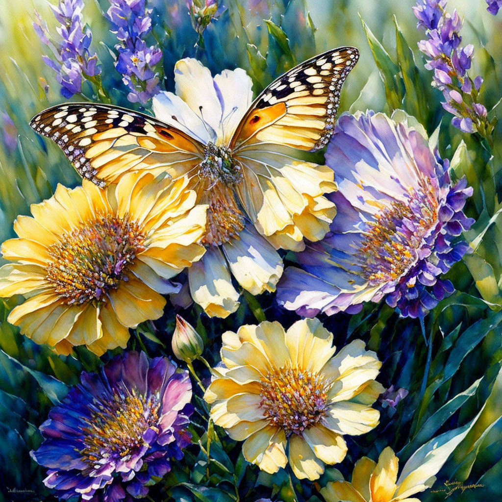 Colorful Butterfly Painting on Yellow and Purple Flowers in Greenery