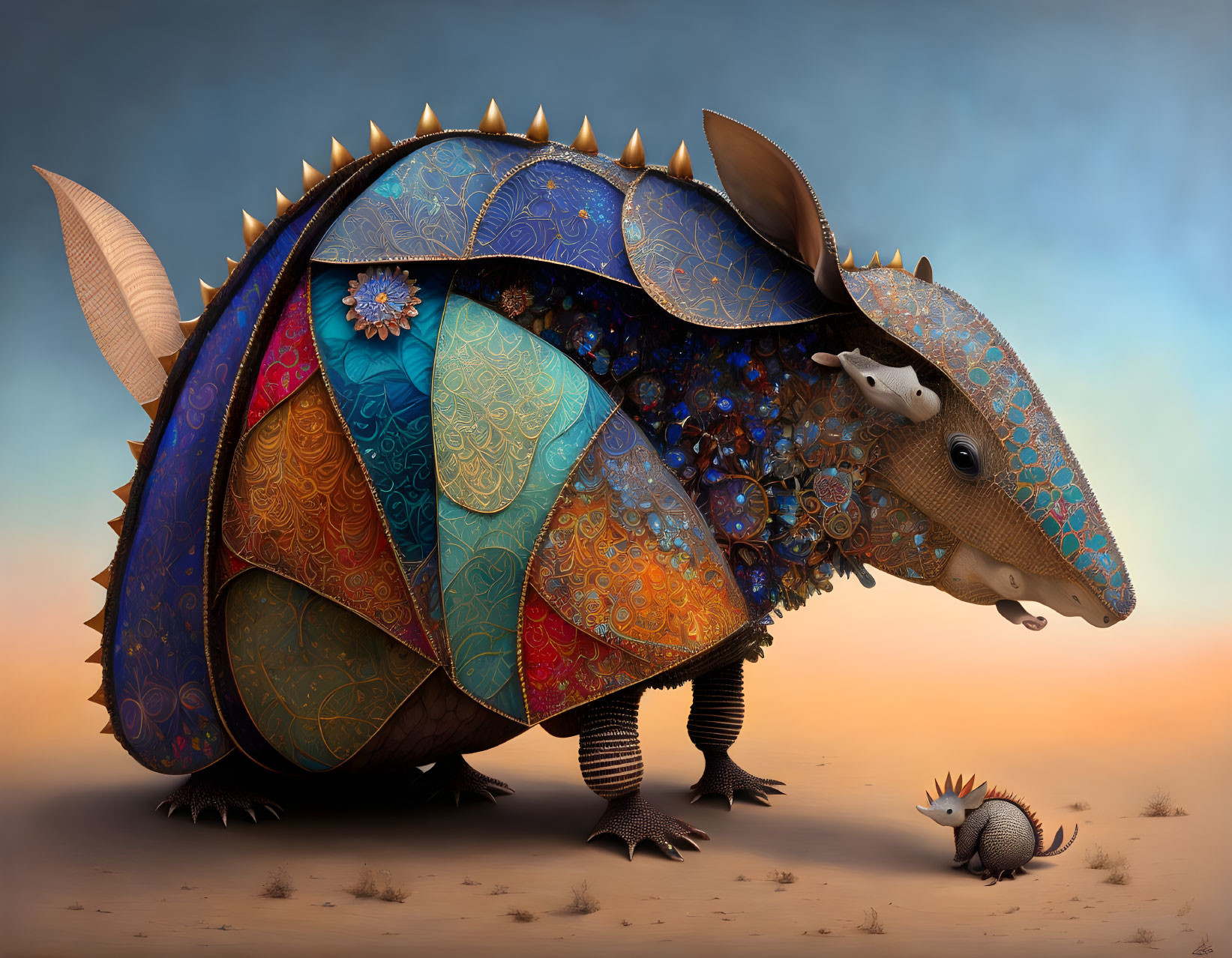 Intricately patterned decorative armadillos on dusk-lit backdrop