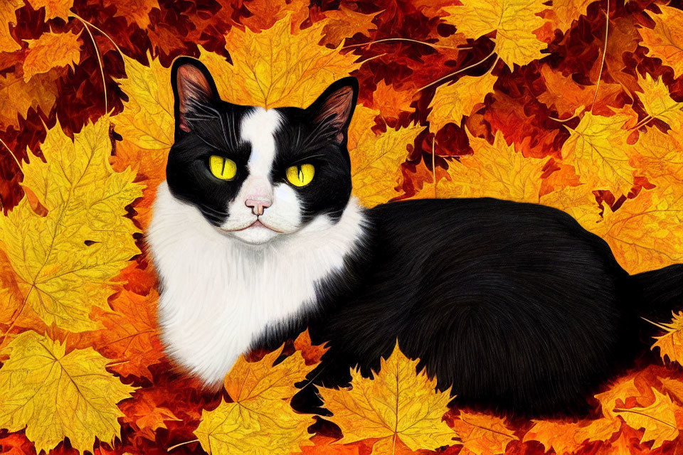 Black and White Cat Resting in Autumn Leaves