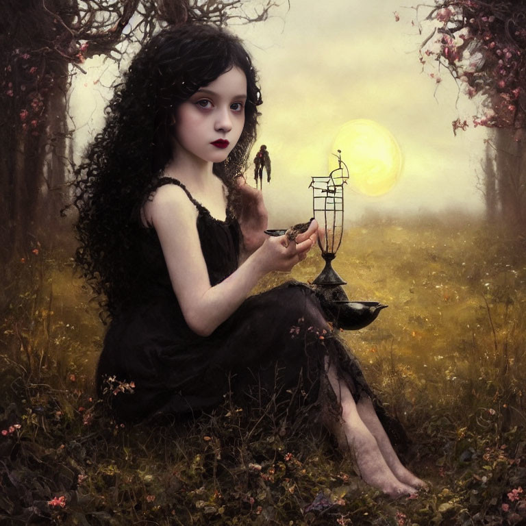 Young gothic girl with black curly hair in misty field holding birdcage at dusk
