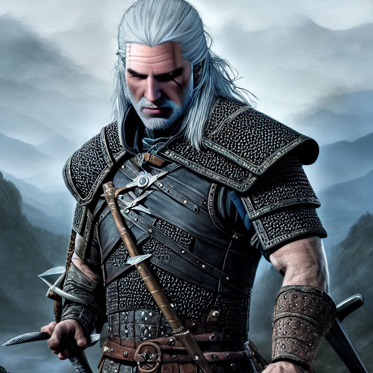 White-haired man in medieval armor with sword sheath against misty mountainous backdrop