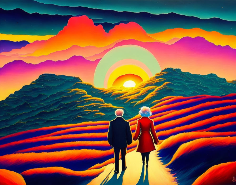 Colorful Artwork: Couple Walking to Sunrise Amid Vibrant Mountains