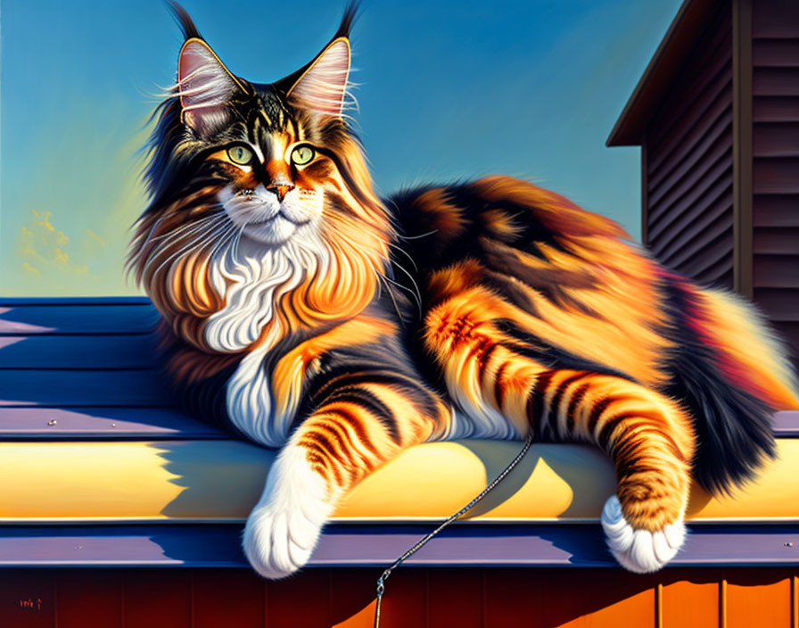 Majestic long-haired cat with striking markings on sunny wooden ledge