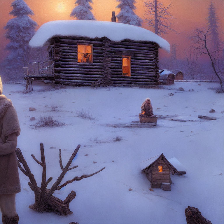 Snowy landscape with cozy illuminated log cabin and sled in dusk