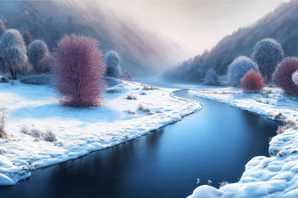 Snow-covered winter landscape with meandering river and frosted trees