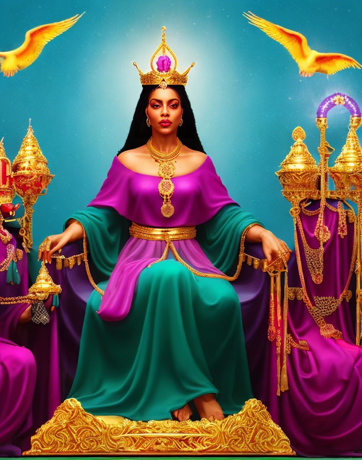 Regal figure in purple and teal gown with golden crown on throne, fiery birds above