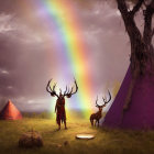 Mystical figure with antlers in field near red tents under dramatic sky with vibrant rainbow and ancient