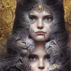 Fantastical portrait of woman with cats and gold-silver patterns