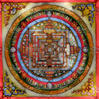 Intricate Geometric Mandala on Red Background with Floral Motif