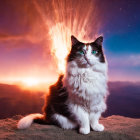 Majestic long-haired cat with blue eyes under orange and purple sky