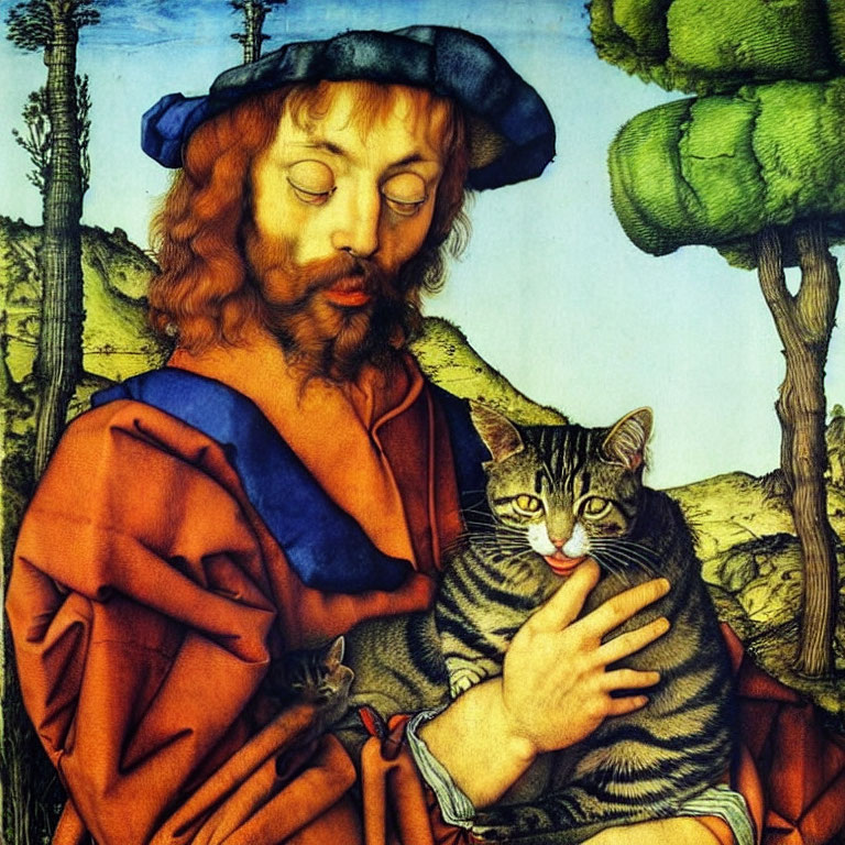 Man with Beret Holding Striped Cat in Pastoral Painting