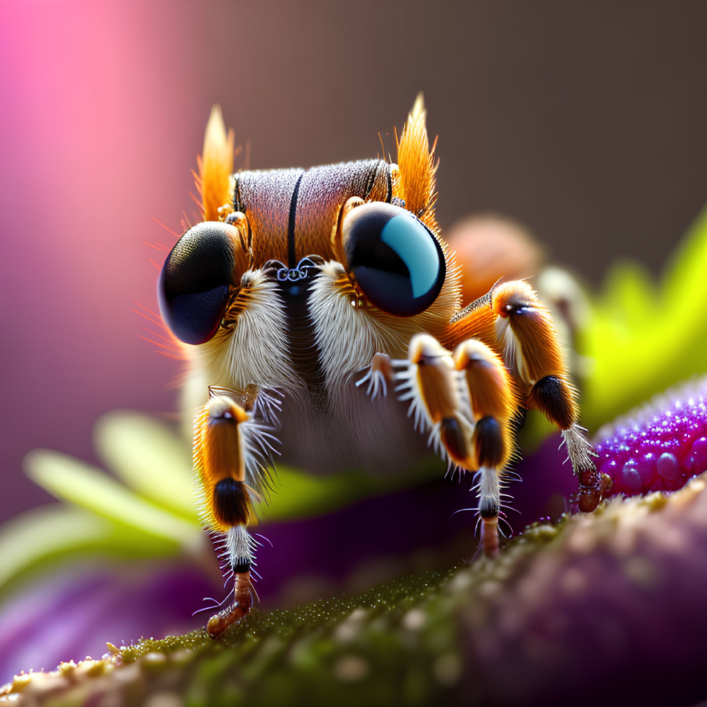 Colorful jumping spider with prominent eyes and furry legs on vibrant plant.