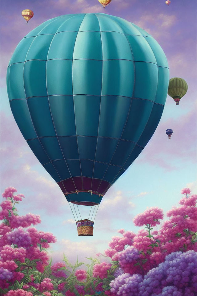 Colorful painting of blue hot air balloon over purple flowers & pink sky