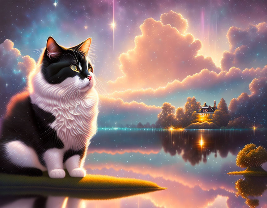 Fluffy Black and White Cat in Dreamy Landscape with Starry Sky and Cottage