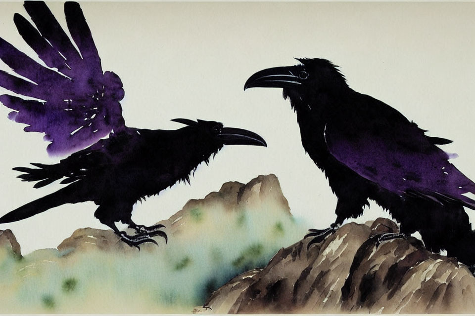 Traditional East Asian style painting of two ravens perched on rocky outcrops