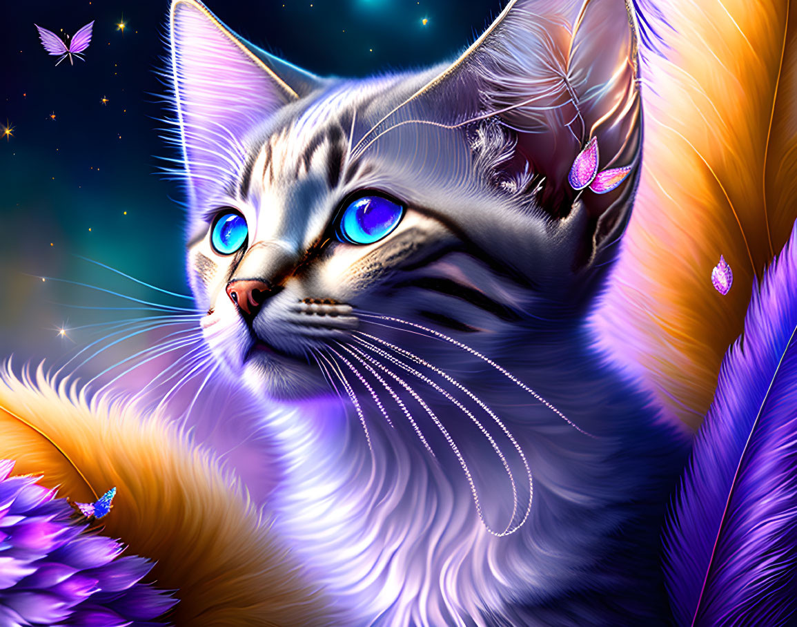 Colorful Digital Artwork: Cat with Blue Eyes and Glowing Butterflies