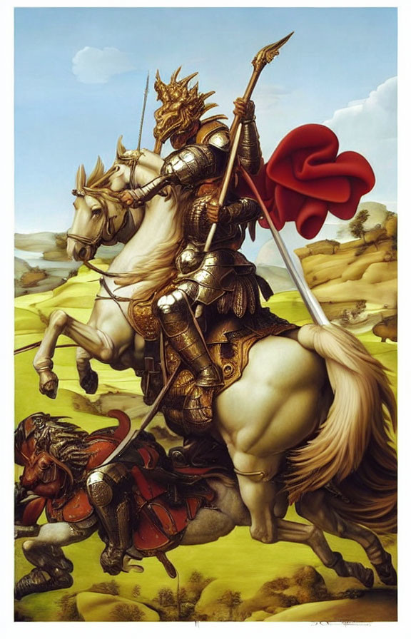Medieval knight on white horse with spear in hilly landscape
