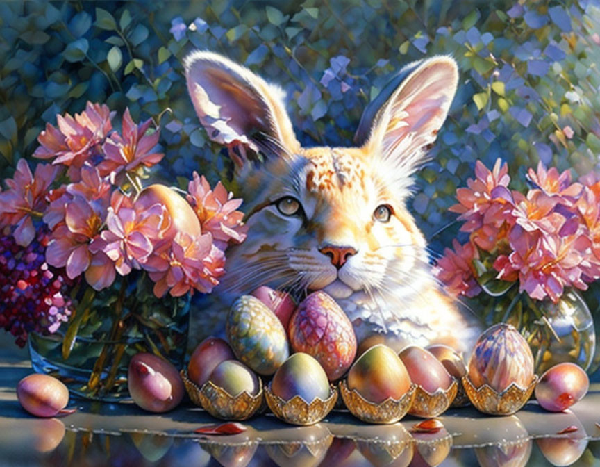 Colorful Easter Cat with Bunny Ears Among Flowers and Eggs