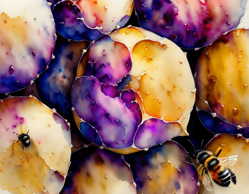 Vibrant abstract watercolor patterns with bee in corner