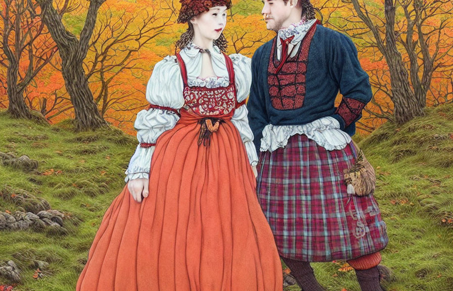 Traditional Scottish Attire Against Autumn Trees