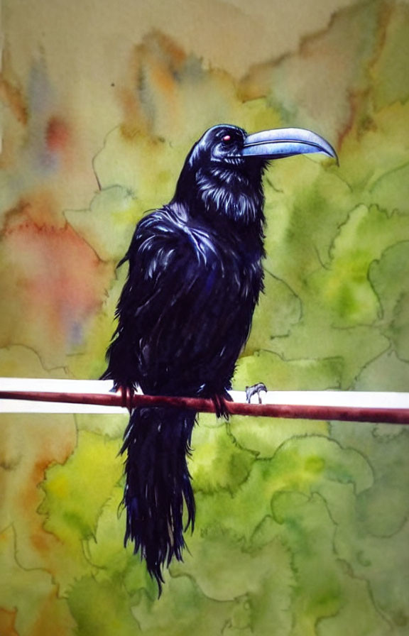 Glossy black crow watercolor painting on branch with beak, green and brown background