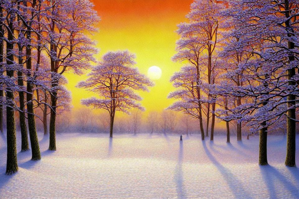 Snowy Sunset Landscape with Snow-Covered Trees and Orange Sky