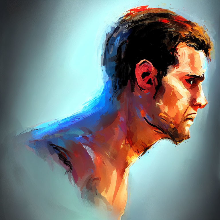 Profile Portrait Digital Painting with Dramatic Lighting and Bold Brush Strokes in Orange and Blue Hues